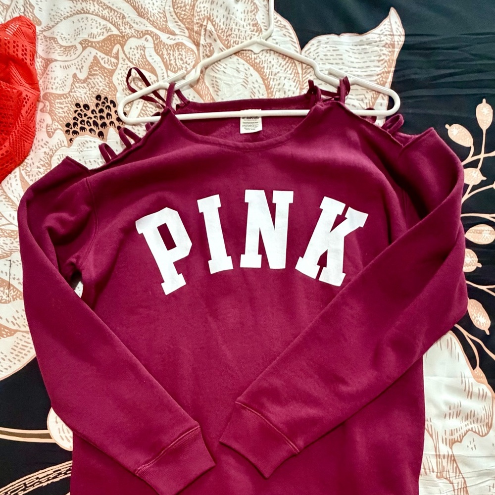 New- never worn. Victoria Secret PINK Burgundy Shoulder Sweatshirt